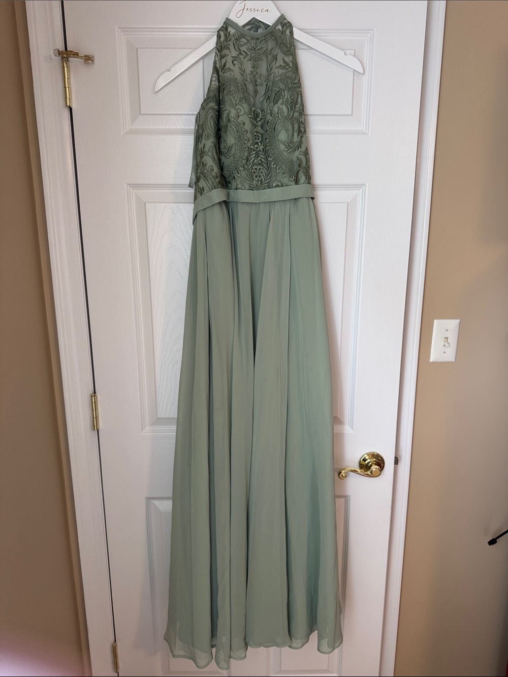Azazie Sage Green High-Neck Lace Bodice Chiffon Bridesmaid Dress